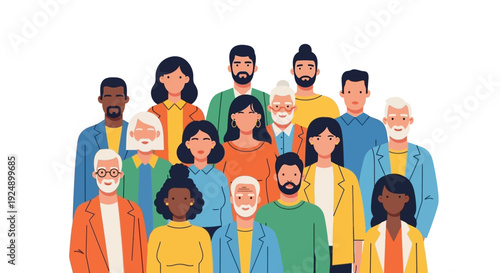 A diverse group of people of various ages, genders, and ethnicities standing together in a stylized illustration.