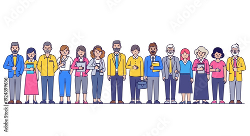 A diverse group of men and women of various ages and professions standing together in a line.