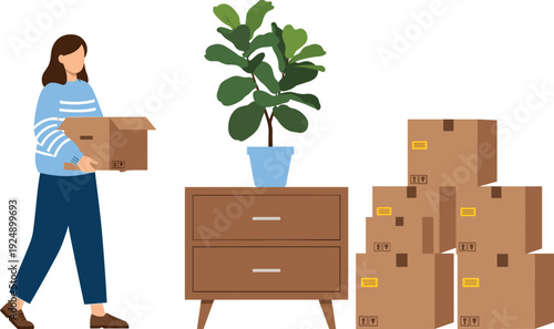 Person carrying cardboard box next to dresser and stacked boxes, decorative illustration symbolizing moving, relocation, and organization