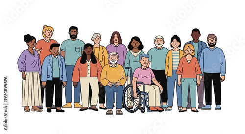 A diverse group of people of various ages, ethnicities, and abilities standing together in a line.