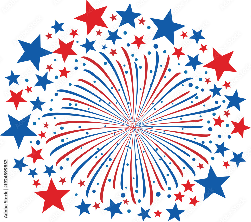 Obraz premium Patriotic red and blue firework burst with stars, festive Fourth of July celebration design, colorful vector illustration isolated on white