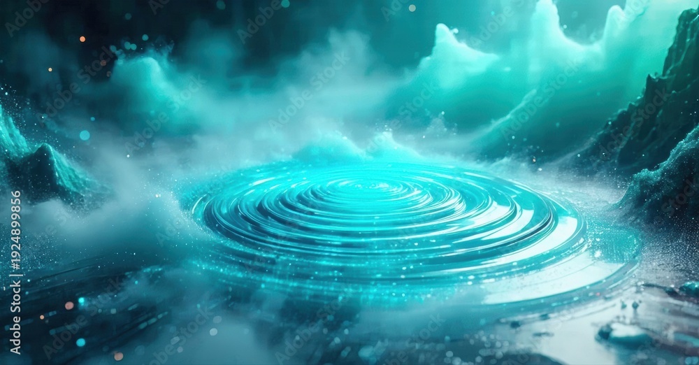 Fototapeta premium Mysterious glowing pool surrounded by rocky terrain. Ripples emanate from center, creating ethereal atmosphere. Dramatic lighting enhances surreal scene.