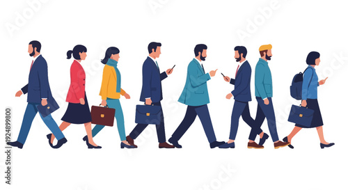 A diverse group of professionals walking in a line, each engrossed in their smartphones, highlighting modern connectivity and urban life.