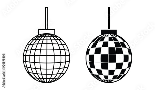 Two disco balls with different surface patterns hanging from cords
