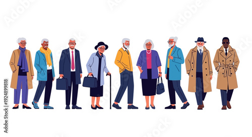 A diverse group of elderly individuals dressed in stylish autumn fashion, standing together.