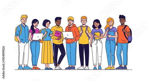 A diverse group of young students standing together, holding books and laptops, representing education and collaboration.