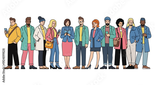 A diverse group of people of various ethnicities and genders standing in a line, holding smartphones and looking in different directions.