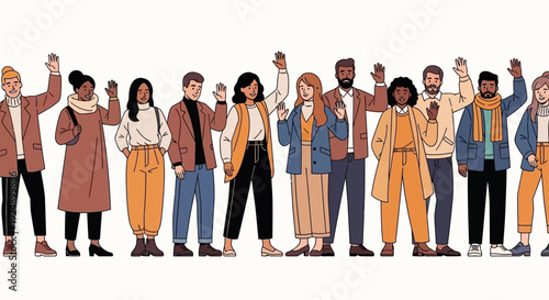 A diverse group of people standing together and waving, representing unity and community.