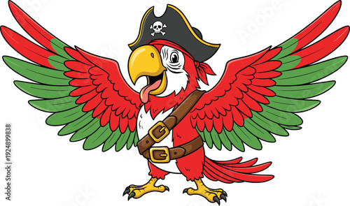 Playful cartoon parrot dressed as pirate with black hat, skull emblem, belt, and tongue out in humorous character design