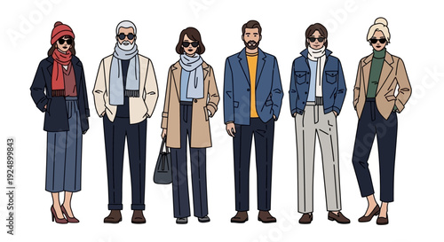 A diverse group of six individuals, men and women of various ages, are showcased in stylish winter fashion outfits, standing together against a white background.