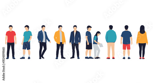 A diverse group of people depicted in a flat, illustrative style, showcasing various poses and clothing.