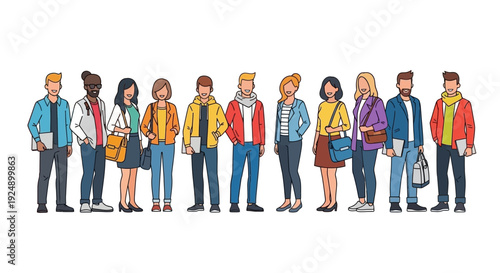 A diverse group of young adults, including men and women of various ethnicities, standing together in a line, dressed in casual clothing and carrying bags and books.