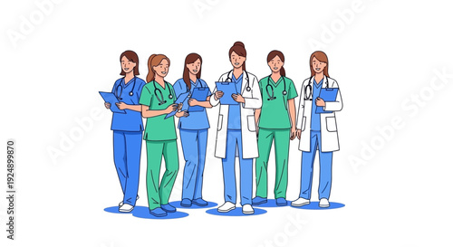 A diverse group of six female medical professionals, including doctors and nurses, stand together in a line, holding clipboards and wearing scrubs and lab coats.