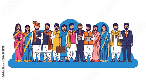 A diverse group of Indian men and women standing together, showcasing a mix of traditional and modern attire.