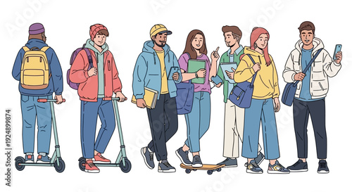 A diverse group of young adults, some on scooters and skateboards, carrying books and backpacks, representing modern student life and urban commuting.