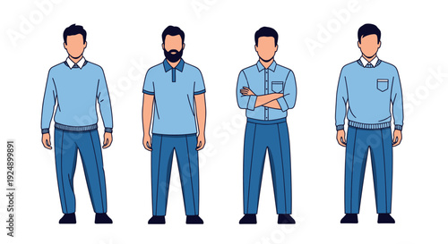 Four men are shown from the chest down, all wearing blue shirts and pants, standing in a line.