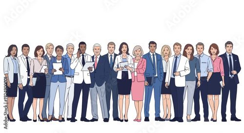 A diverse group of professionals in business attire standing together, showcasing teamwork and unity in a corporate setting.