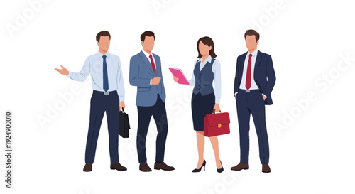 A diverse group of four professionals in business attire standing together, two men and two women, with one woman holding a tablet and one man gesturing.