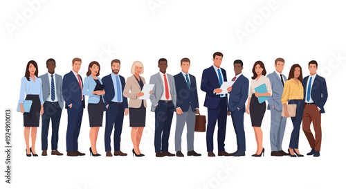 A diverse group of professional men and women in business attire standing together in a line.