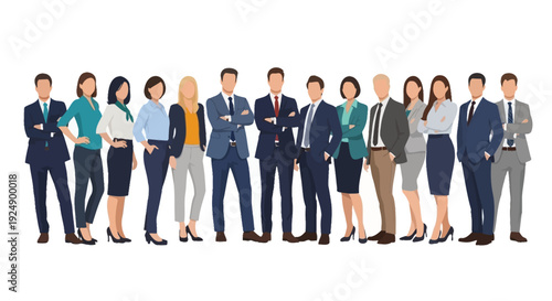 A diverse group of business professionals, men and women, stand together in a line, dressed in formal attire.