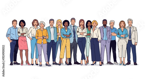 A diverse group of business professionals standing together, showcasing a variety of ages, genders, and ethnicities in a studio setting.