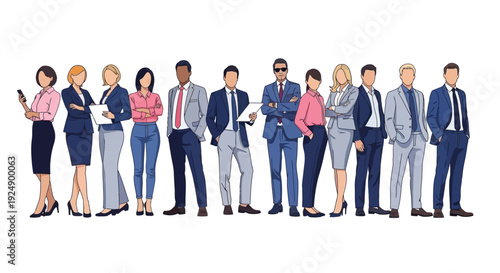 A diverse group of business professionals standing together in a line, showcasing a variety of attire and poses.