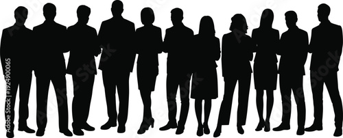 Black silhouette illustration of eleven business professionals standing side by side, corporate teamwork, diversity, organization, professional attire, office group vector design