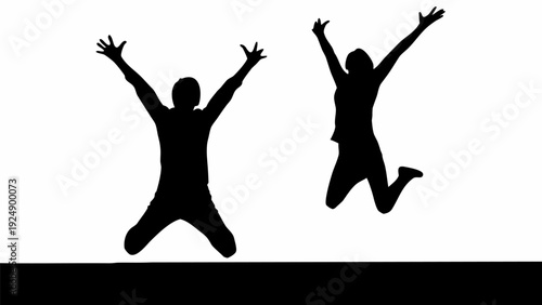 Two joyful people jumping with arms raised in celebration
