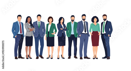 A diverse group of nine professionals in business attire standing together against a white background.