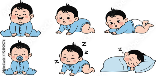 Adorable Baby Boy Character Set Featuring Sitting Crawling Sleeping and Laughing Poses with Pacifier for Infancy Milestones Parenting Blogs and Nursery Graphic Designs