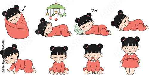 Adorable Baby Girl Character Set with Sleeping Crawling and Sitting Poses Featuring Pink Pajamas Swaddle Blanket Crib Mobile and Pacifier for Parenting Blog Graphic Designs