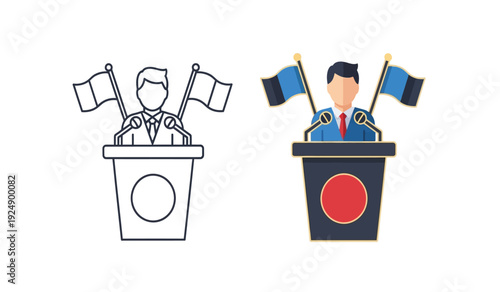Two cartoon businessmen standing at podiums with flags behind them in a colorful and line art style