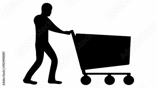 Man pushing empty shopping cart in dynamic motion