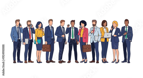 A diverse group of professionals in business attire standing together, some holding briefcases and phones.