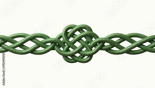 Close-up of a vibrant green intertwined rope forming a complex knot at the center, isolated on white