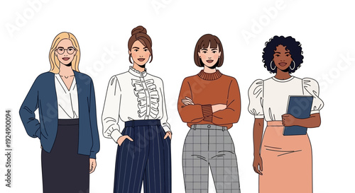 Four diverse women in professional attire standing together, showcasing different styles and ethnicities.
