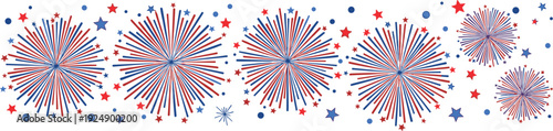 Red and blue fireworks bursts with stars and dots on white background, celebratory patriotic design for Independence Day and festive events