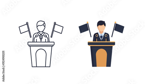 Two politicians giving speeches from podiums with flags on either side in a line drawing style and a colorful illustration