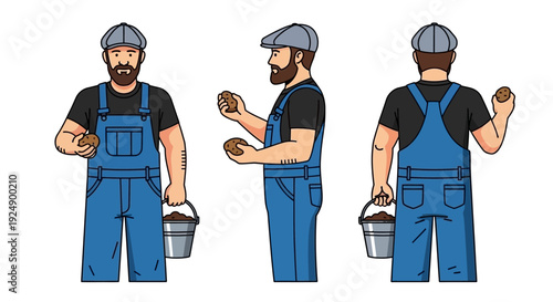 Three views of a farmer wearing overalls and a cap, holding potatoes and a bucket of soil.