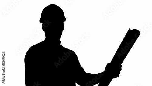Construction worker silhouette with blueprint