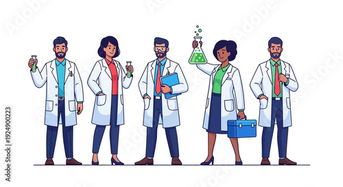 A diverse group of five scientists in lab coats stand confidently, holding scientific equipment and looking professional.