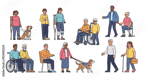 Diverse group of elderly people and individuals with disabilities, some with service animals, receiving care and support.