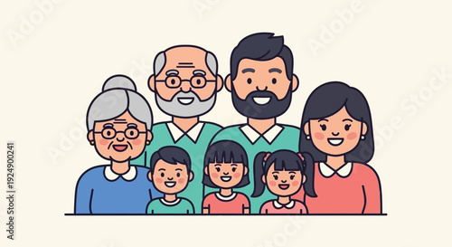 A diverse, multi-generational family portrait featuring grandparents, parents, and three children, all smiling warmly.