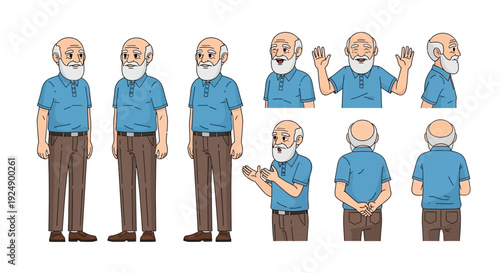 Collection of cartoon illustrations depicting an elderly man from various angles and in different poses, showcasing his appearance and actions.