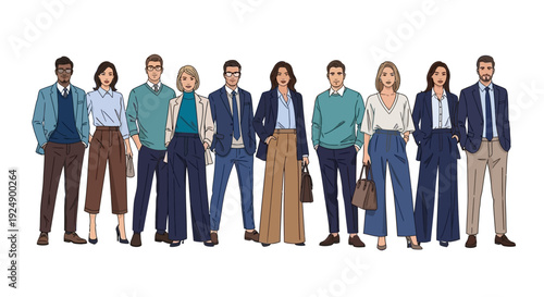 A diverse group of ten professionals, men and women, stand in a line, dressed in smart business casual attire.