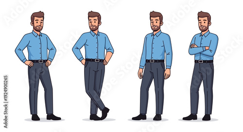 Four illustrations of a man in a blue shirt and dark pants, shown in different poses.