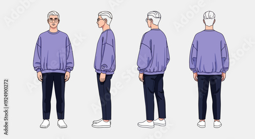 A male model is shown from four different angles, wearing a purple sweatshirt and dark pants.
