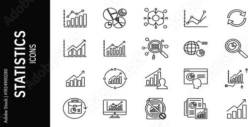 Business Statistics and Data Analytics Line Icon Set Featuring Growth Charts Financial Graphs Infographic Elements Market Research and Corporate Performance Monitoring Vector Illustrations