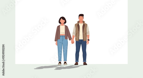 A young couple stands hand-in-hand against a plain white background, casting long shadows.