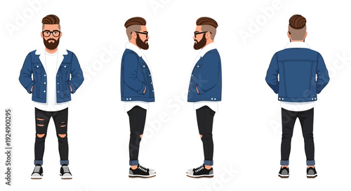 A stylish man with a beard and glasses is shown from the front, side, and back, wearing a denim jacket with fur lining.